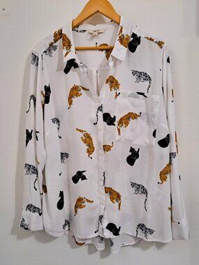 Como Blue Women's White Animal Print Shirt Button Down Plus Size 2X